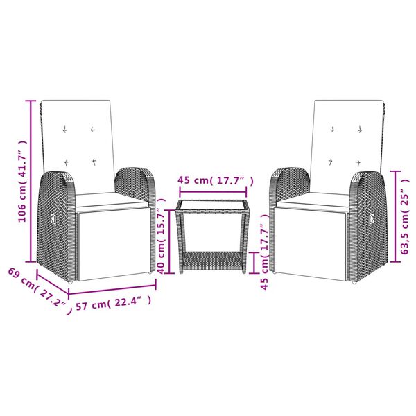 vidaXL 3 Piece Garden Dining Set with Cushions Grey Poly Rattan