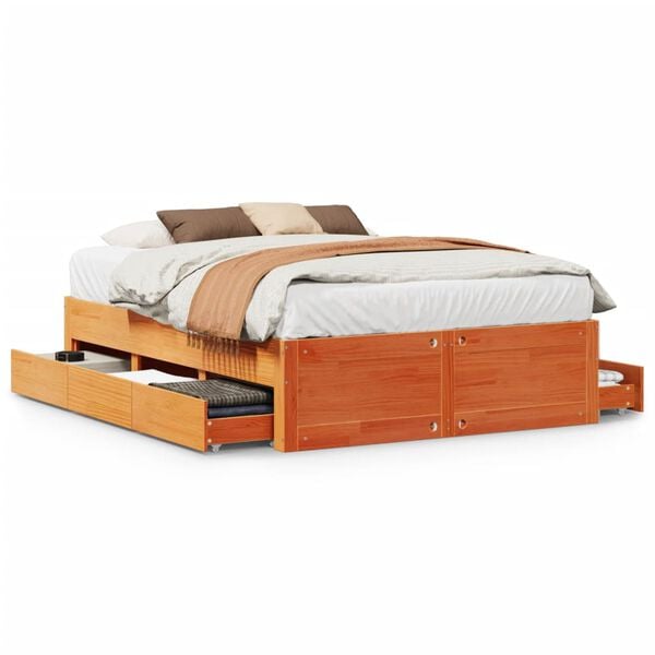 vidaXL Bed Frame without Mattress with Drawers Wax Brown 140x190 cm Solid Wood Pine