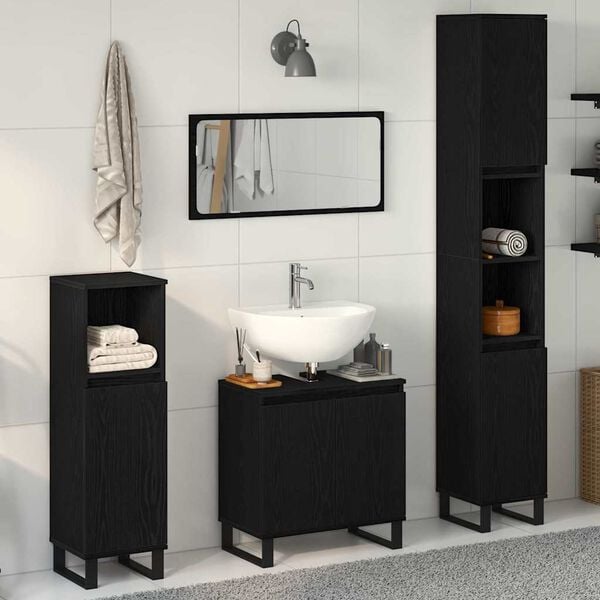 vidaXL Bathroom Furniture Set Wall-mounted with Door 3 pcs Black Oak