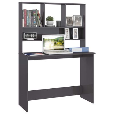 vidaXL Desk with Shelf High Gloss Grey 110x45x157 cm Engineered Wood