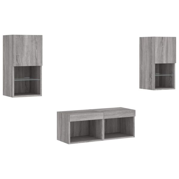 vidaXL 4 Piece TV Wall Cabinets with LED Lights Grey Sonoma