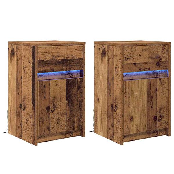 vidaXL LED Bedside Cabinet with Drawer 2 pcs Old wood 38 x 34 x 61 cm