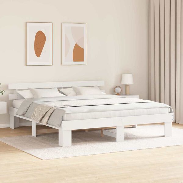 vidaXL Bed Frame with Headboard White 200 x 200 cm Solid Pine Wood