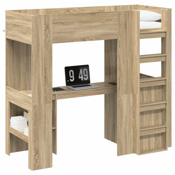 vidaXL Loft Bed Frame with Desk Sonoma Oak 75 x 190 cm Engineered Wood