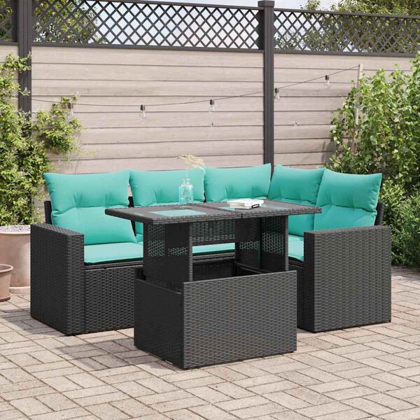vidaXL 5 Piece Garden Sofa Set with Cushions Black Poly Rattan Acacia