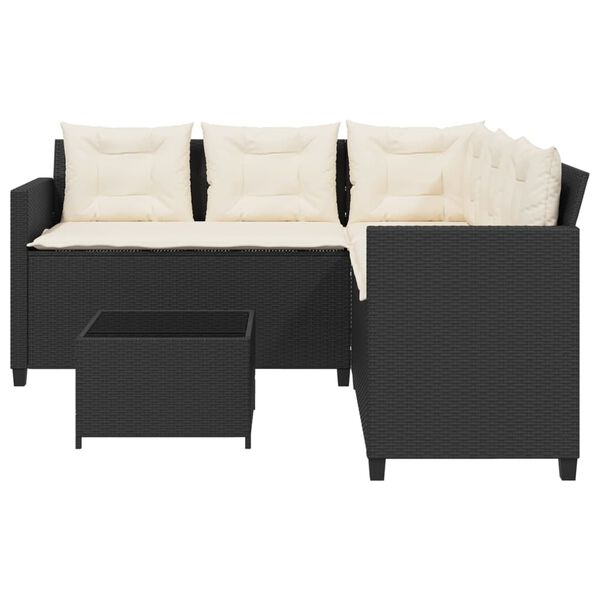 vidaXL Garden Sofa with Table and Cushions L-shaped Black Poly Rattan