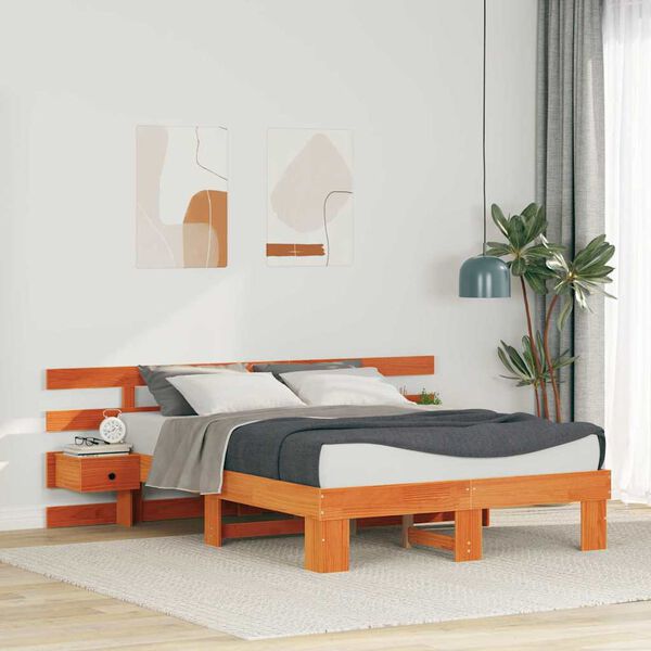 vidaXL Bed Frame with Headboard Brown 135 x 190 cm Solid Pine Wood