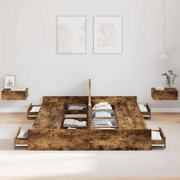 vidaXL Storage Bed Frame Smoked Oak 140 x 200 cm Engineered Wood
