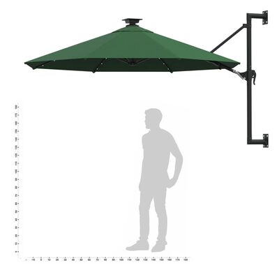 vidaXL Wall-mounted Parasol with LEDs and Metal Pole 300 cm Green