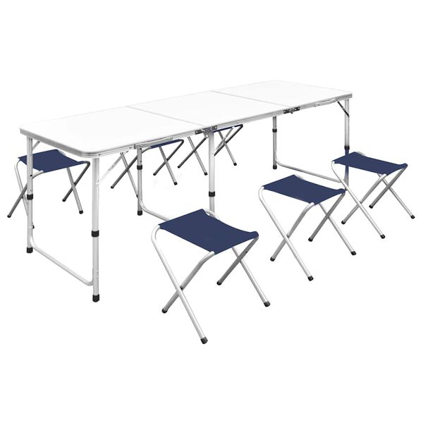 Foldable Camping Table Set with 6 Stools Height Adjustable 180x60cm