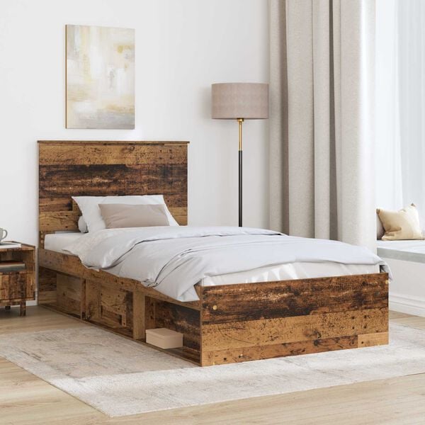 vidaXL Bed Frame with Headboard Old Wood 100 x 200 cm Solid Pine Wood