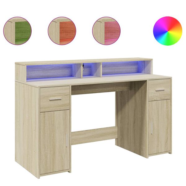 vidaXL Desk with LED Lights Sonoma Oak 140x55x91 cm Engineered Wood