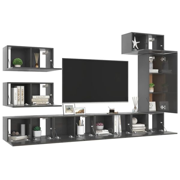 vidaXL 8 Piece TV Cabinet Set High Gloss Grey Engineered Wood