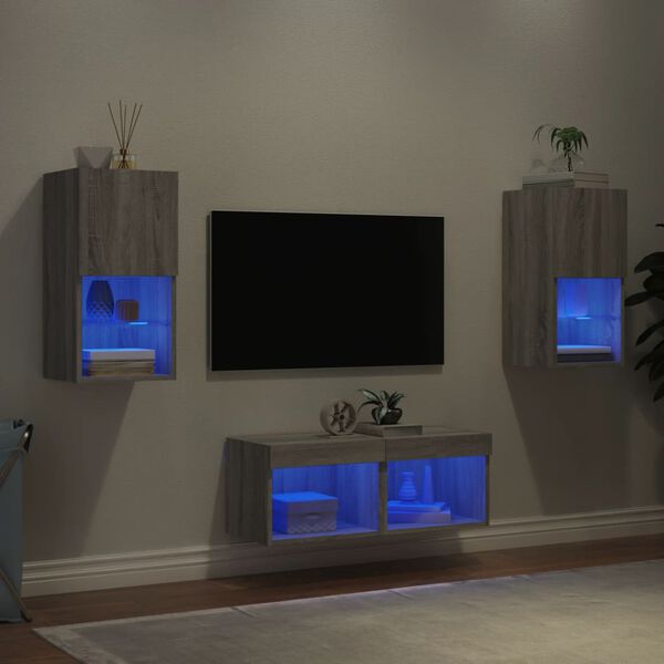 vidaXL 4 Piece TV Wall Cabinets with LED Lights Grey Sonoma