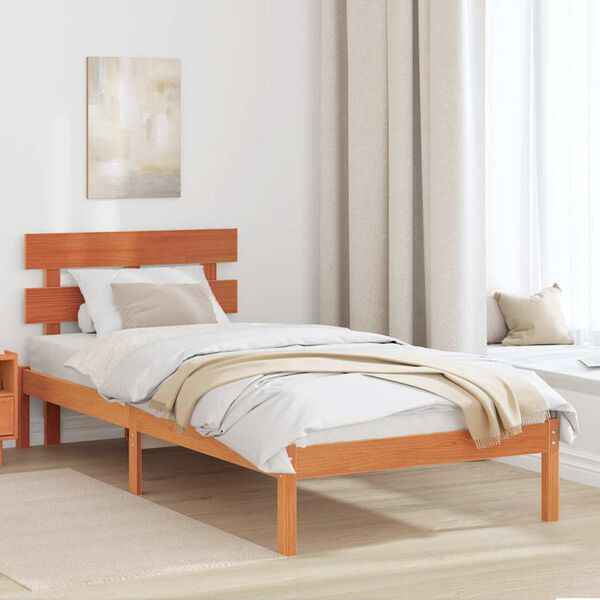 vidaXL Bed Frame with Headboard Brown 75 x 190 cm Solid Pine wood
