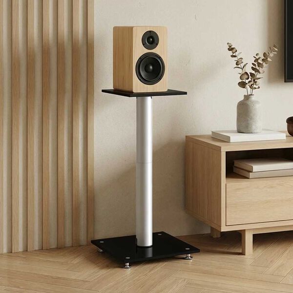 vidaXL Speaker Stands 2 pcs Black&Silver Tempered Glass 1 Pillar Design