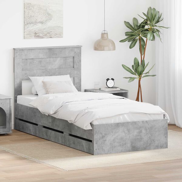 vidaXL Bed Frame with Drawer Concrete Grey 100 x 200 cm Engineer Wood