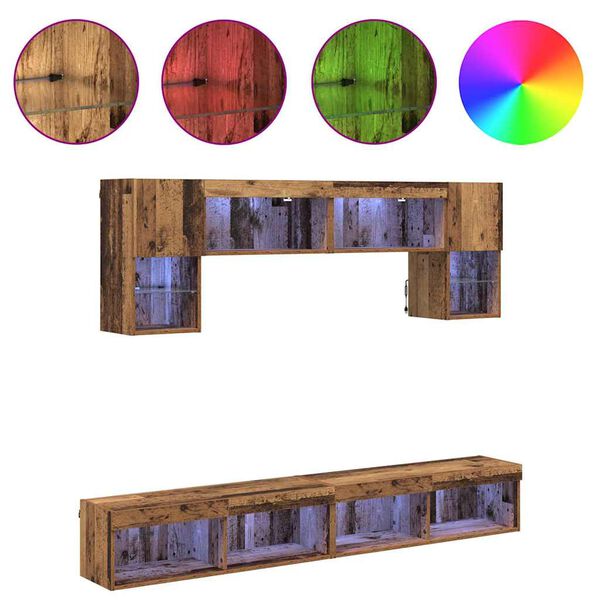 vidaXL TV Wall Units with LED 6 pcs Old Wood Engineered Wood