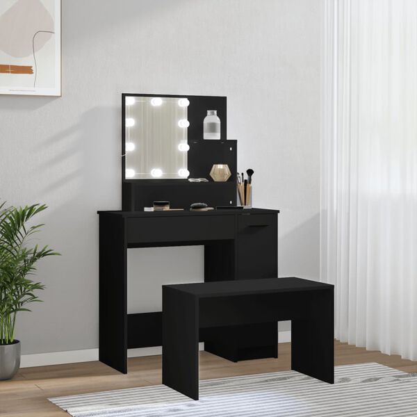 vidaXL Dressing Table Set with LED Black Engineered Wood