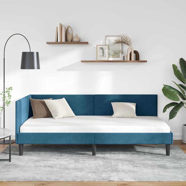 vidaXL Corner Bed Frame with Headboard Blue 90 cm x 200 cm Velvet