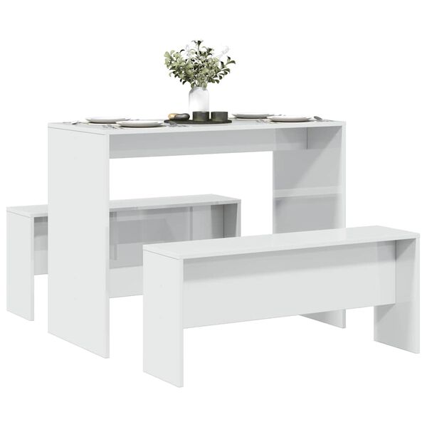 vidaXL 3 Piece Dining Table and Bench set High Gloss White Engineered Wood