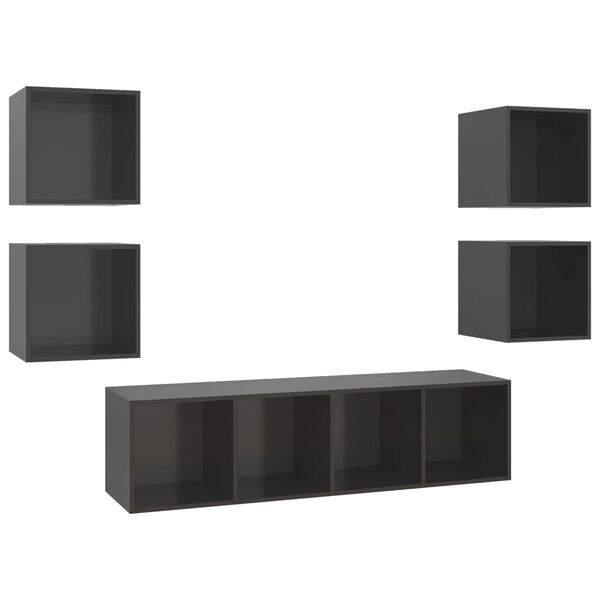 vidaXL 5 Piece TV Cabinet Set High Gloss Grey Engineered Wood