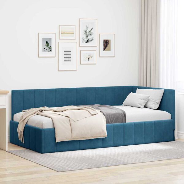 vidaXL Corner Bed Frame with Headboard Blue 90 cm x 200 cm Velvet