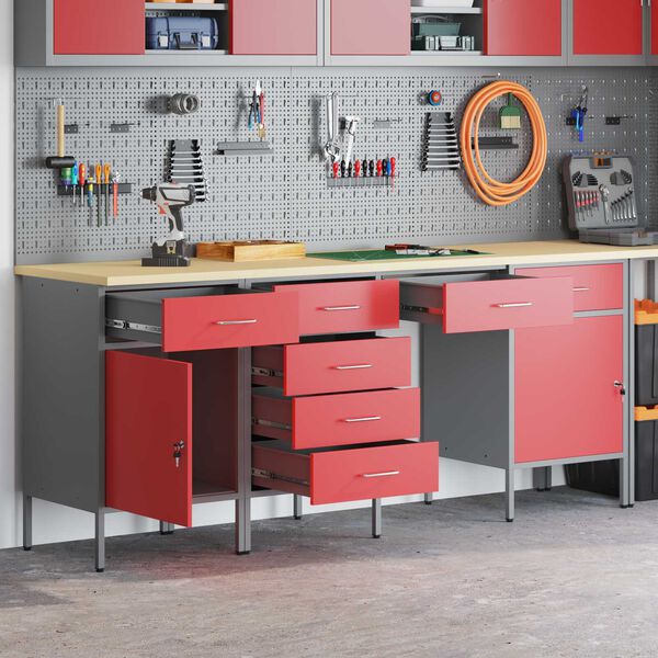 vidaXL Work Cabinet with Drawer with Lock 4 pcs Red 200 x 55 x 85 cm