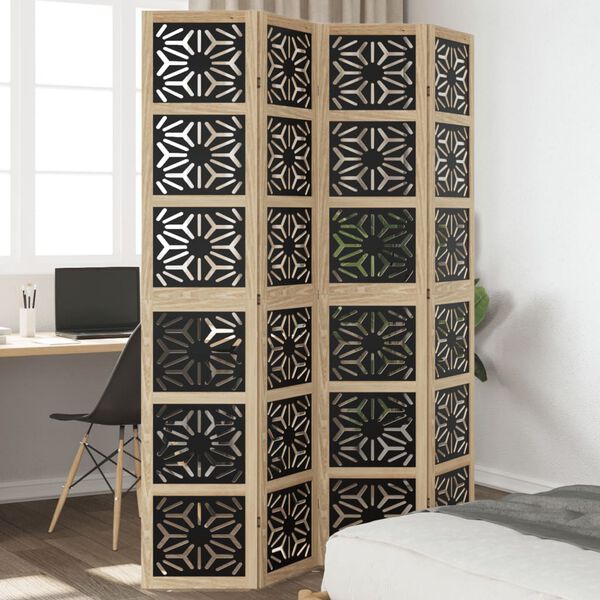 vidaXL Room Divider 4 Panels Brown and Black Solid Wood Paulownia