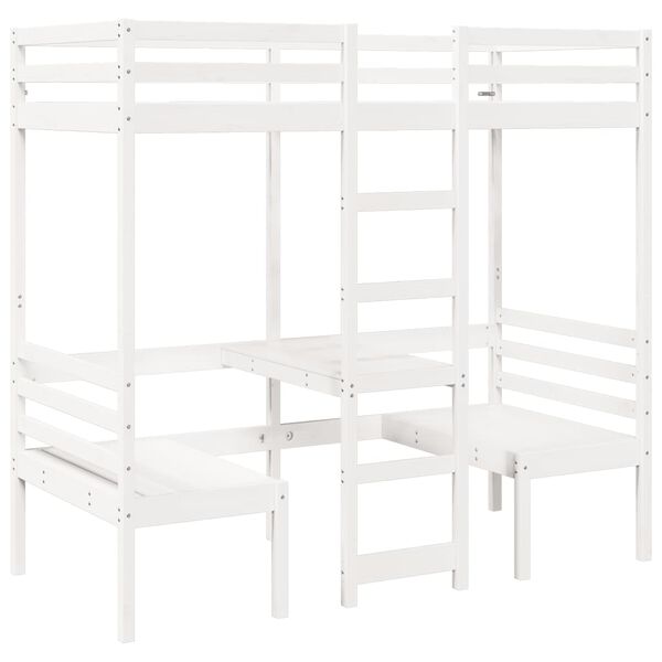 vidaXL Loft Bed Frame with Desk and Chairs White 90x190cm Solid Wood Pine
