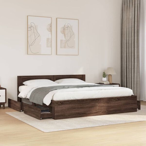 vidaXL Bed Frame with Headboard without Mattress Brown Oak 180x200 cm Super King