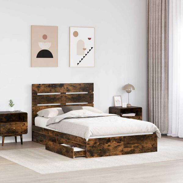 vidaXL Storage Bed with Drawer Smoked Oak 120 x 190 cm Engineered Wood