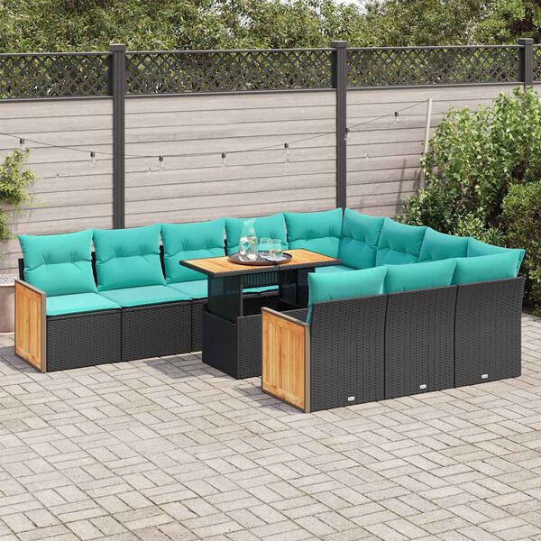 vidaXL 11 Piece Garden Sofa Set with Cushions Black Poly Rattan Acacia