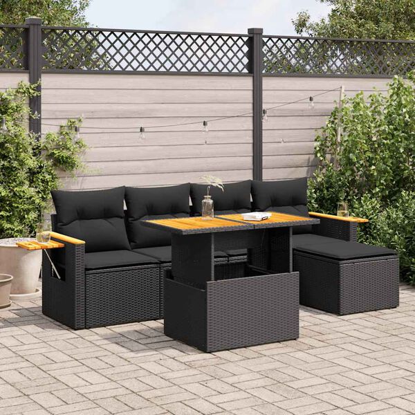 vidaXL 6 Piece Garden Sofa Set with Cushions Black Poly Rattan Acacia