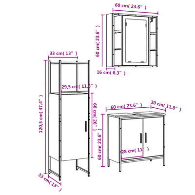 vidaXL 3 Piece Bathroom Cabinet Set Grey Sonoma Engineered Wood