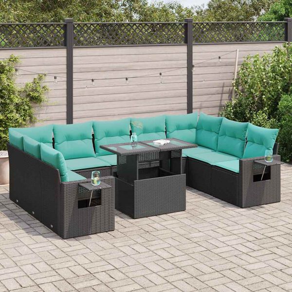 vidaXL 10 Piece Garden Sofa Set with Cushions Black Poly Rattan Acacia