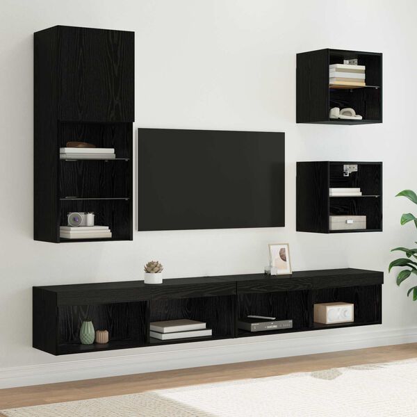 TV Wall Units with LED Wall-mounted 5 pcs Black Oak Engineered Wood