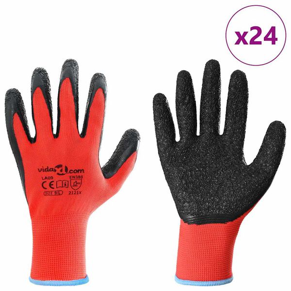 vidaXL Work Gloves 24 pcs Red and Black 9 / L Latex Coating