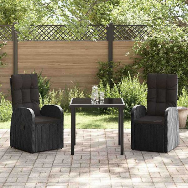 vidaXL Garden Dining Set with Cushion 3 pcs Black Poly Rattan