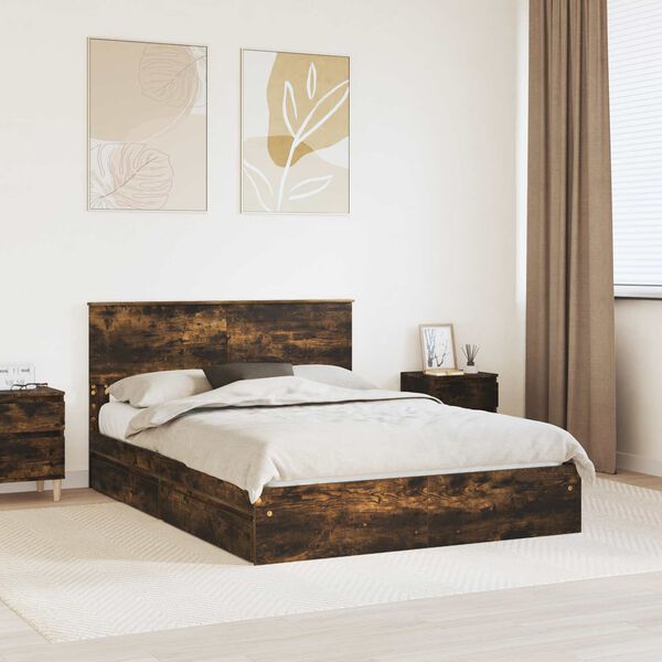 vidaXL Storage Bed with Drawer Smoked Oak 160 x 200 cm Engineered Wood