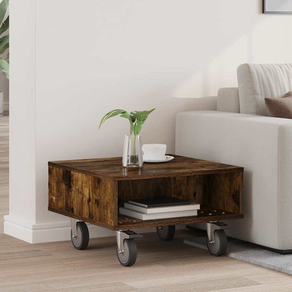 vidaXL Side Table with Wheels Smoked Oak 50.5 x 50 x 30 cm