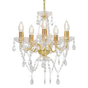 vidaXL Chandelier with Crystal Beads Golden Round 5 x E14