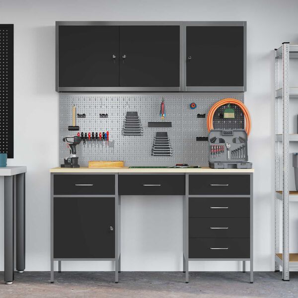 vidaXL Work Cabinet with Drawer 8 pcs Black 150 x 55 x 200 cm