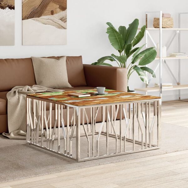 vidaXL Coffee Table Silver Stainless Steel and Solid Wood Reclaimed