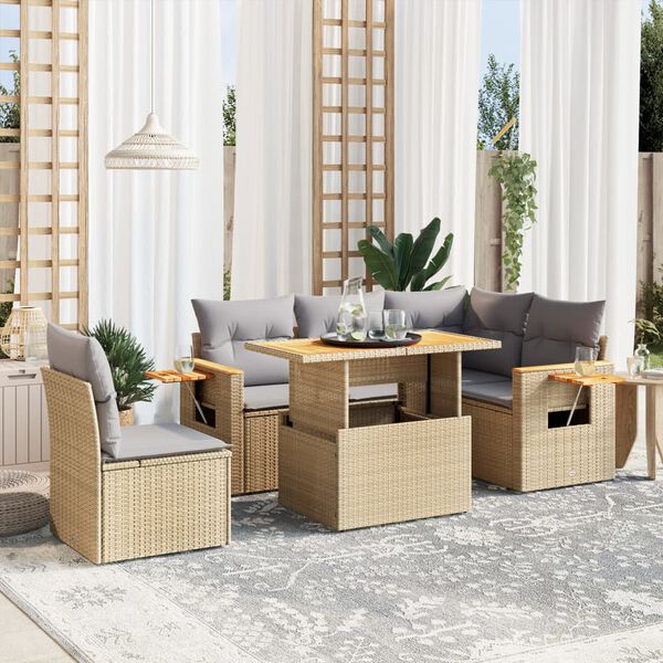 vidaXL 6 Piece Garden Sofa Set with Cushions Beige Poly Rattan