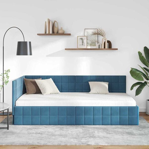vidaXL Corner Bed Frame with Headboard Blue 90 x 190 cm Velvet
