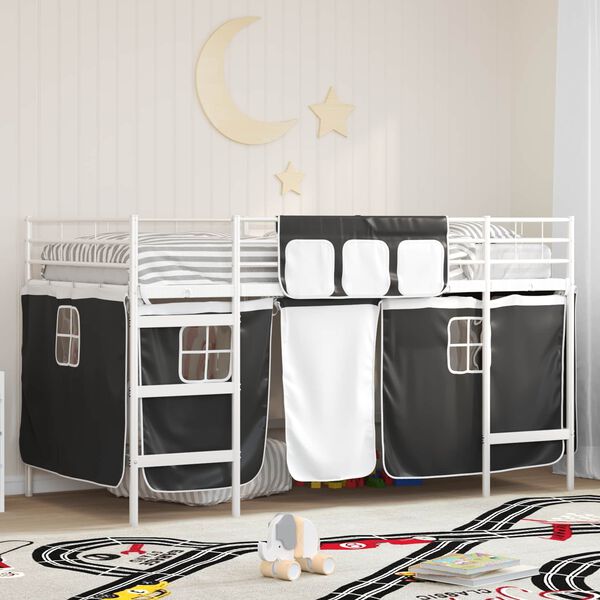 vidaXL Kids'Loft Bed Frame with Curtains White and Black 80 x 201 cm