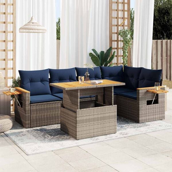 vidaXL 6 Piece Garden Sofa Set with Cushions Grey Poly Rattan Acacia