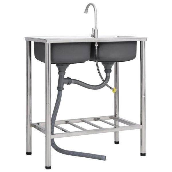 vidaXL Camping Sink Double Basins with Tap Stainless Steel