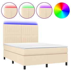 vidaXL Box Spring Bed with Mattress&LED Cream 140x200 cm Fabric